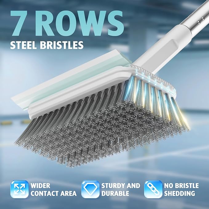 AIR U+ Concrete Scrub Brush, Long Handle, 7-Row Wire Bristles, Squeegee | Removes moss, algae and tough buildup from patios, driveways, pavers and garage floors, focused control for edges and steps