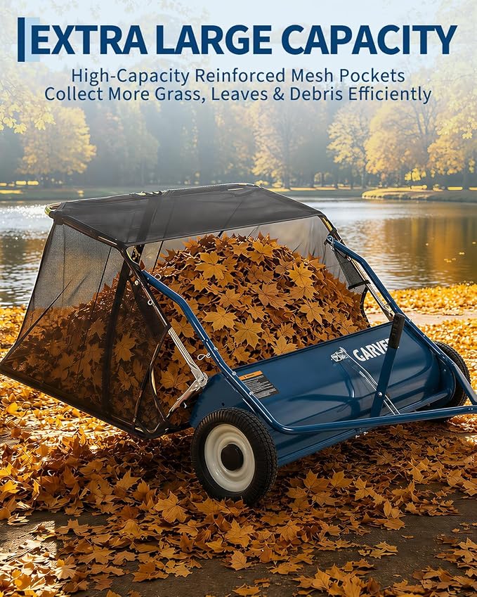 Garvee Tow Behind Lawn Sweeper 42 Inch, Heavy Duty Leaf & Grass Collector | Yard Sweeper Pull Behind,14 cu.ft. Leaf Collector,Tool-Free Adjustable Brush Height,Dumping Rope for Yard,Driveway,Sidewalk