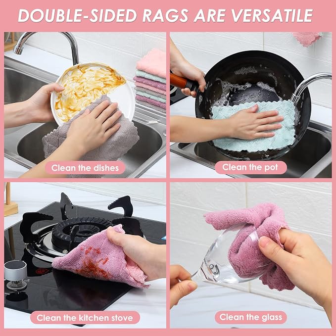 Rachan 11Pack Kitchen Dish Cloths, Reusable Dish Towels, Nonstick Oil Washable Fast Drying, Super Absorbent Coral Velvet Cleaning Cloths for Cleaning Tableware, Kitchen, Bathroom (Pink-green10 x 6")