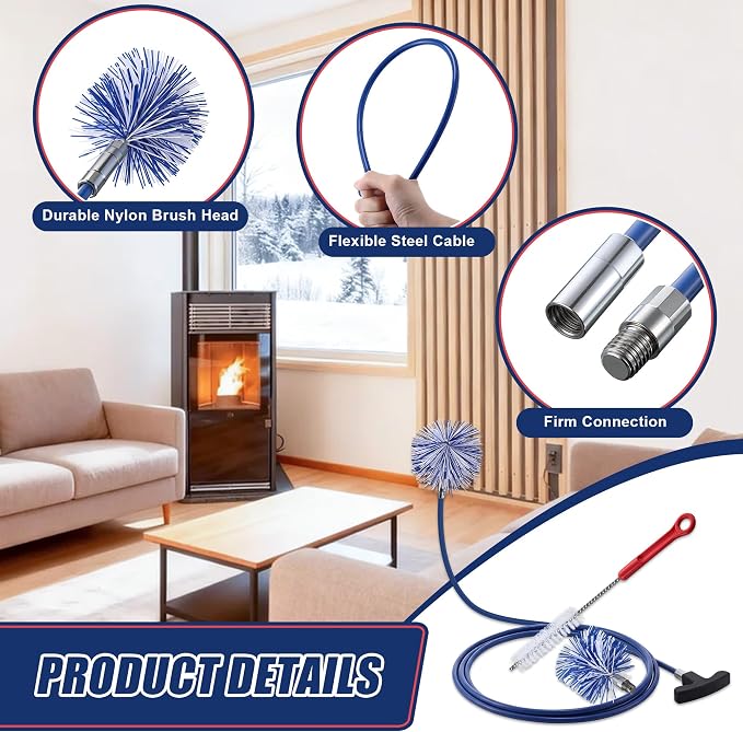 Dreyoo Pellet Stove Cleaning Brush Kit, 10 FT Flexible Steel Rod with 3" & 4" Brush Head, T Handle, Multi Purpose Flue Detail Cleaner, Nylon Stove Flue Pipe Kit for Pellet Furnace Exhaust Pipes