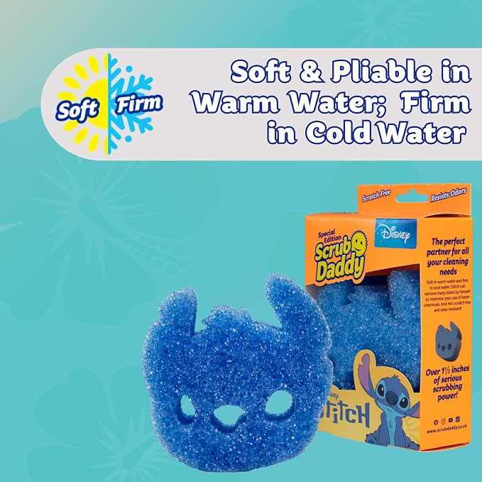 Scrub Daddy Disney Stitch Dish Sponge Twin Pack, Smiley Face Sponges for Cleaning & Washing Up - Kitchen Non Scratch Scourers with FlexTexture Firm & Soft Scrubbing, Dishwashing Scrubber