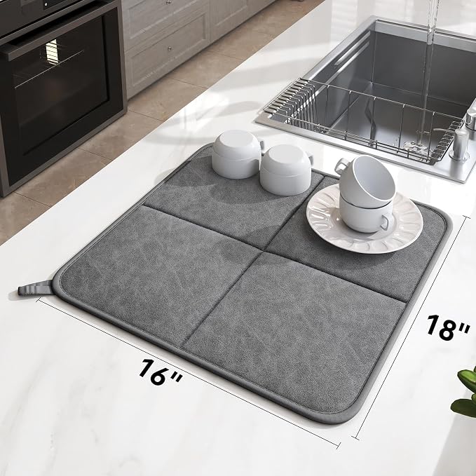 YDKGL 2 Pack PU Leather Dish Drying Mat for Kitchen Counter, Ultra Absorbent & Fast Drying Dish Mat Machine Washable Foldable Drying Pad for Countertops, Sinks, Draining Racks