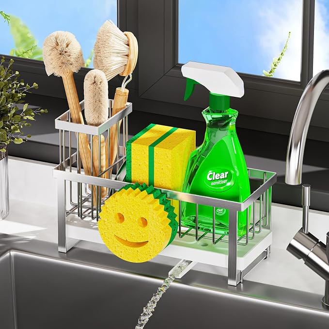 Sponge Holder for Kitchen Sink,Sink Caddy with Removable Dish Brush Holder,Self-Draining Kitchen Countertop Organizers and Storage Essentials,Soap Dispenser Organize and Home Decor-Silver