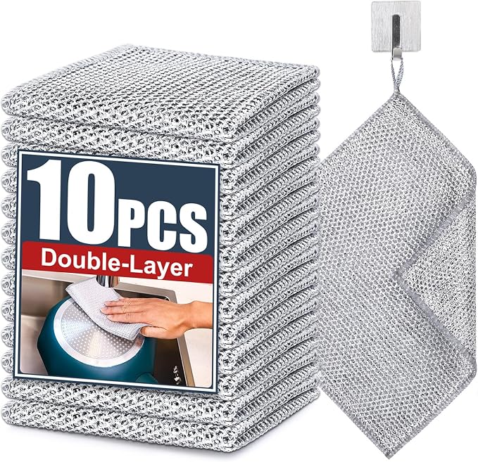 Navona 10 Pcs New Upgrade Steel Wire Dishcloth,Double-Layer Steel Wire Cleaning Cloth,Powerful Cleaning Non-Scratch Wire Dishcloth Rag for Cookware, Sinks, Dishes, Stove Tops