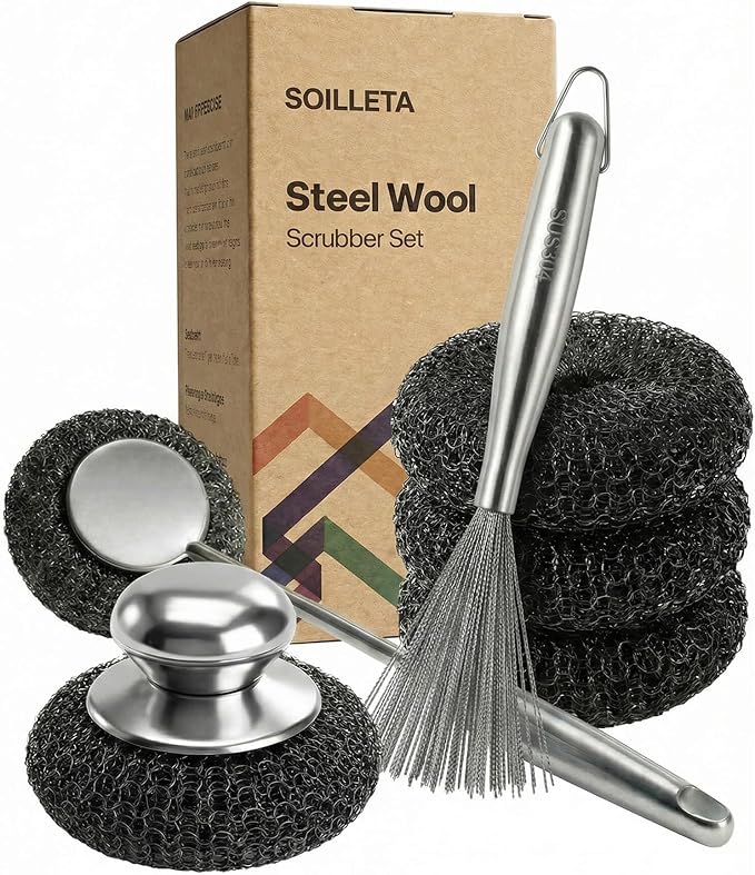 6 Pcs Stainless Steel Wool Scrubber – Heavy Duty Metal Scouring Pads for Kitchen, Cast Iron Pan & Grill – Rust Resistant, Non-Splintering,Odor Free Wire Sponges for Tough Grease & Burnt Food