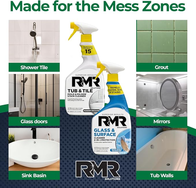 RMR Flawless Finish Bathroom Bundle – Tub & Tile Cleaner + Glass & Surface Cleaner Plus Repellent, 2-Step System for Shower, Tub, Tile, Grout, Glass Doors, & Mirrors, 2–32 Oz Bottles