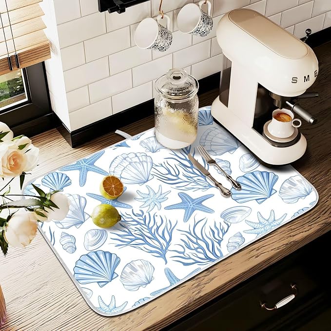 Nautical Coastal Dish Drying Mat for Kitchen Counter Absorbent Microfiber Small Summer Ocean Themed Seashell Coral Starfish Drying Pad Dish Mats for Kitchen Countertops 16 x 18 Inch