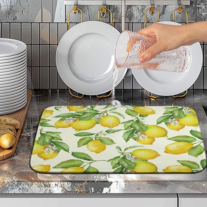 Lemon Kitchen Dish Drying Mat 16×18 Inch Summer Yellow Green Lemon Drying Mat Watercolor Microfiber Dish Drainer Rack Mat Washable Absorbent Dish Pad
