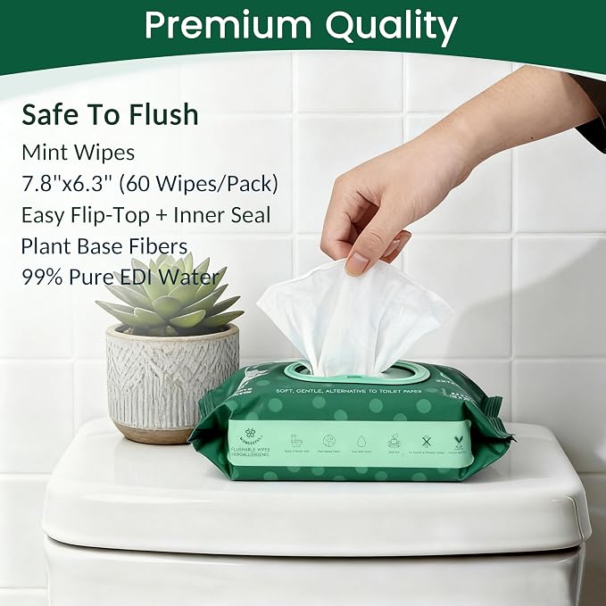 WONDERFUL Flushable Wipes, Mint 100% Plant-Based Wet Butt Wipe for Adults & Kids, Sewer Septic Safe, Gentle for Sensitive Skin, Wipes Flushable Pack for Bathroom & Travel, 6-Pack (360 Count)