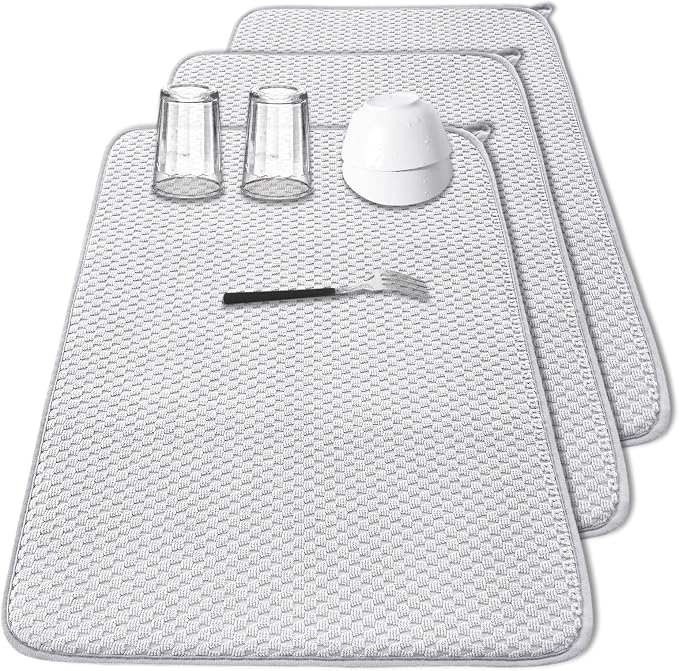 3 Pcs XXL Dish Drying Mat,Absorbent Microfiber Dishes Drainer Mats,Large Size 24×17" Pads for Kitchen Counter,Coffee,Rack,Under Sink,Light Gray