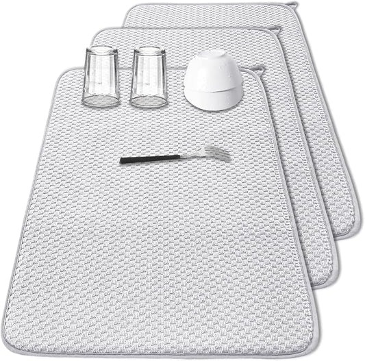 3 Pcs XXL Dish Drying Mat,Absorbent Microfiber Dishes Drainer Mats,Large Size 24×17" Pads for Kitchen Counter,Coffee,Rack,Under Sink,Light Gray