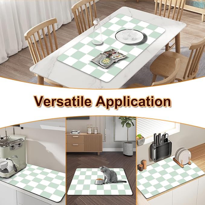 Dish Drying Mat for Kitchen, 16'' x 24'' Coffee Bar Mat for Countertops, Checkered Coffee Station Mats with Non-slip Rubber Backed, Absorbent Dish Dying Mat for Kitchen Counter, Green & White