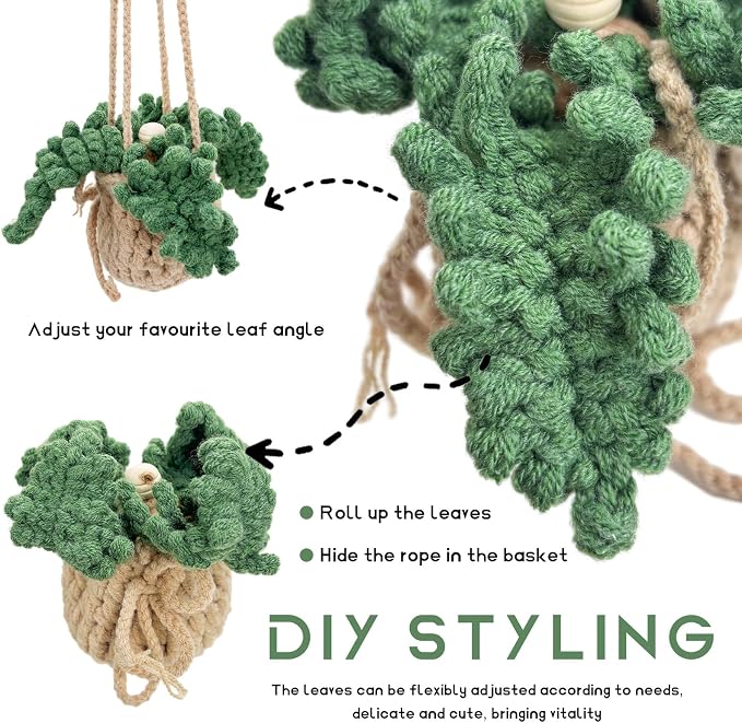 2 PCS Crochet Car Air Freshener, 12ml Empty Car Diffuser Bottle with Crochet Hanging Plant Basket, Hanging Fragrance Oil Diffuser for Car Interior Decor, Car Accessories