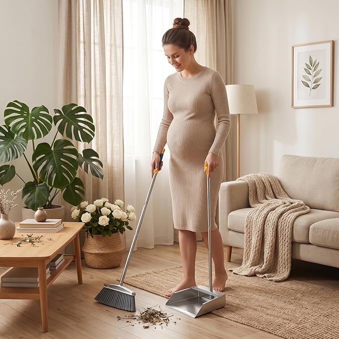 Heavy Duty 304 Stainless Steel Dustpan and Broom Set, Long Handle Self Standing Dust Pan with Wide Mouth Pet Hair Comb Teeth, Indoor Outdoor Cleaning Set for Kitchen Garage Office