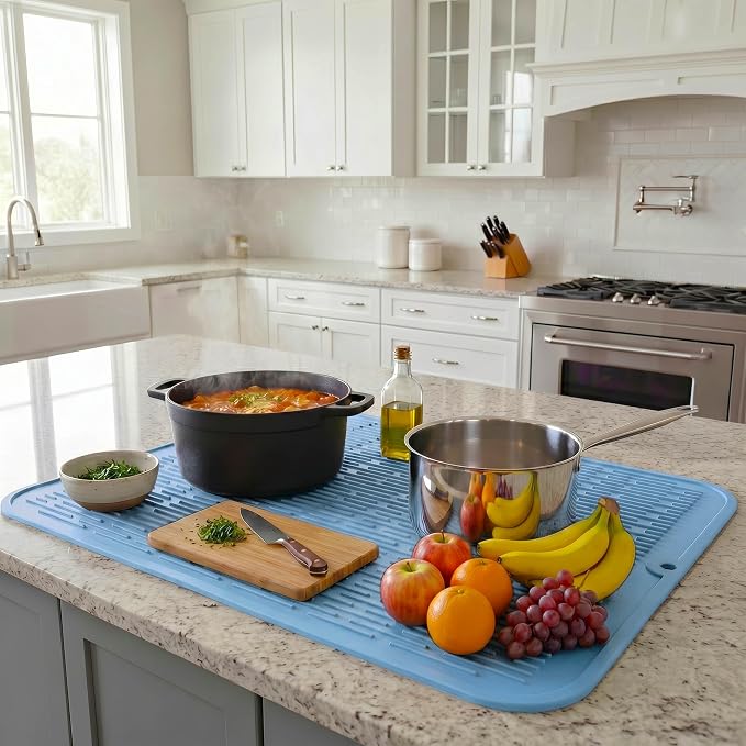 MicoYang Silicone Dish Drying Mat for Multiple Usage,Easy clean,Eco-friendly,Heat-resistant Silicone Mat for Kitchen Counter or Sink,Refrigerator or Drawer Liner Light Blue 2XL 24 inches x 18 inches