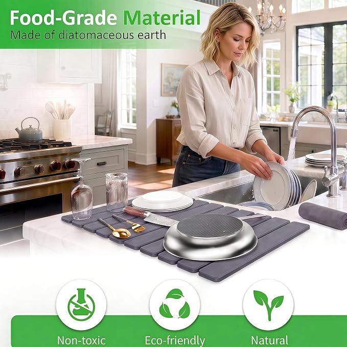 Stone Drying Mat for Kitchen Counter 16x24 Inch, Diatomaceous Dish Drying Mat with Towel Sanding Tool, Fast-Absorbing Quick-Dry Non-Slip Sink Tray ( Grey )