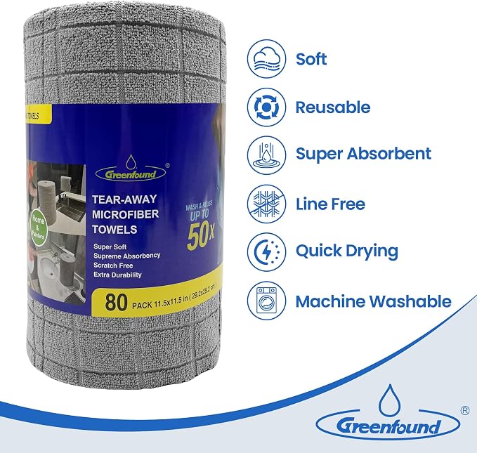 Greenfound Microfiber Cleaning Cloth Roll, 80 Pack Tear Away Towels, Reusable Washable Lint Free Scratch Free Absorbent Cleaning Rags for Kitchen Home Car Window Glass, 11.5 x 11.5 Inch Check Grey