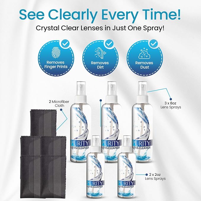 Purity Eyeglass Cleaner Mega Pack - Multi-Size Lens Cleaner Kit - 2x2oz, 3x8oz Bottles + 5 Black Premium Microfiber Cloths - Safe for All Lenses, Eyeglasses, and Screens - Streak-Free Formula