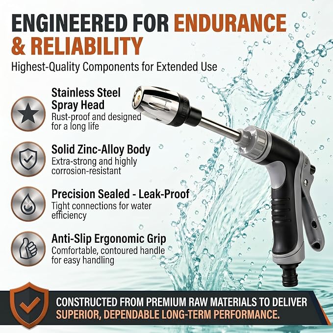 High Pressure Hose Nozzle with 4 Spray Modes, Adjustable Water Spray Gun, Metal Garden Hose Sprayer for Car Wash, Plant Watering, Patio & Outdoor Cleaning (Sprayer Kit with 3 Connectors & Foam Cannon)