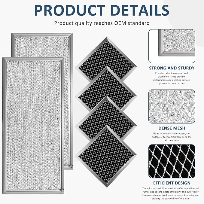 AMI PARTS W10208631A Grease Filter 13"x6" 2-Pack & 8206230A Charcoal Filter 4-Pack Compatible with Whirl-pool May-tag Aluminum Mesh & Carbon Layer Traps Grease & Absorbs Odors