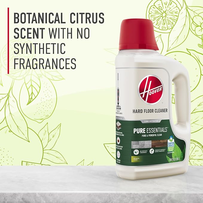 Hoover Pure Essentials Hard Floor Cleaner Solution, 64 oz | Botanical Citrus Scent, Plant-Based Formula, No Synthetic Fragrance, Pair With Hoover Hard Floor Cleaner Machine
