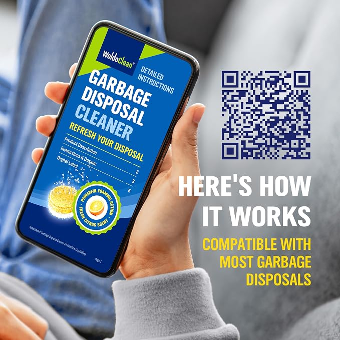 WoldoClean Garbage Disposal Cleaner Tablets 24 Pack - Citrus Deodorizer | Foaming sink drain freshener tabs, kitchen smell eliminator, odor remover