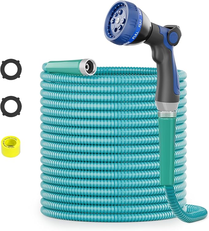 SPECILITE 25ft 304 Stainless Steel Garden Hose Metal, Heavy Duty Water Pipe with Nozzles for Yard, Outdoor - Flexible, Never Kink & Tangle, Puncture Resistant (Sky Blue)