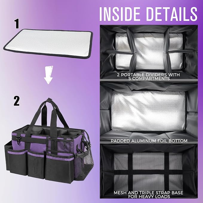 SCAVATA Wearable Cleaning Caddy, Cleaning Caddy Supplies Organizer with Handle & Shoulder Straps for Housekeepers, Under Sink & Car Cleaning Tool Organizers Bag with 4 Foldable Divider (Purple)