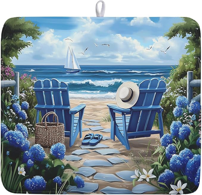Summer Beach Chairs Dish Drying Mat Sea Wave Blue Floral Drying Mat fo Kitchen Counter 16”x18” Absorbent Reversible Kitchen Mat Non-Slip Ocean Themed Dish Drainer Rack Mat for Countertop Coffee Bar