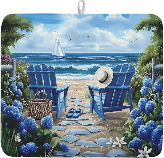 Summer Beach Chairs Dish Drying Mat Sea Wave Blue Floral Drying Mat fo Kitchen Counter 16”x18” Absorbent Reversible Kitchen Mat Non-Slip Ocean Themed Dish Drainer Rack Mat for Countertop Coffee Bar