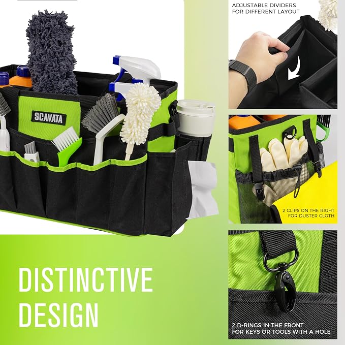 SCAVATA Wearable Cleaning Caddy Bag, Cleaning Caddy Supplies Organizer with Handle & Shoulder Straps for Housekeepers, Under Sink & Car Cleaning Tool Organizers with 4 Foldable Divider (NeonGreen)