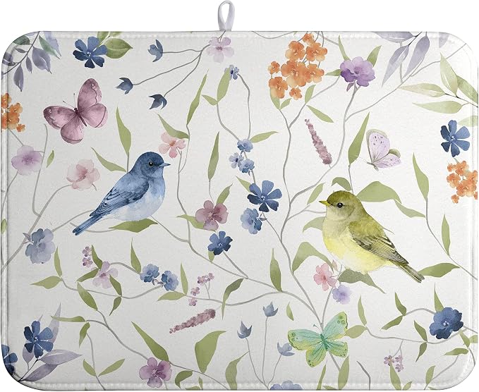 Spring Floral Birds Dish Drying Mats Spring Summer Dish Mat Green Leaf Butterfly Drying Matt Dishes Dryer Pad for Kitchen Counter Absorbent Microfiber Washable Foldable Reusable 18x24 in