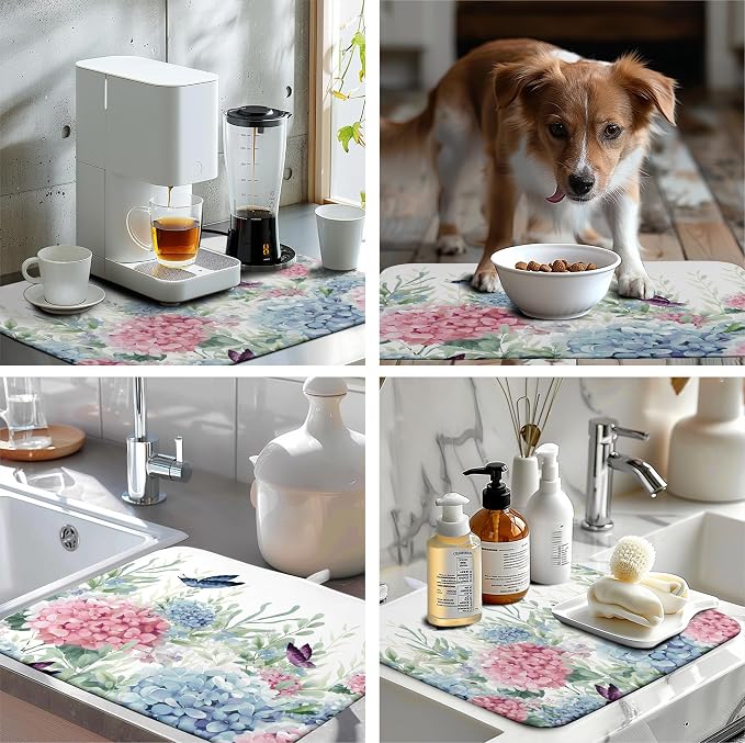 Spring Flowers Dish Drying Mat for Kitchen Counter Blue Pink Hydrangea Floral Drying Mats Absorbent Reversible Microfiber Dish Draining Mat Reusable Washable Dishes Pad Extra Large 18"x24"