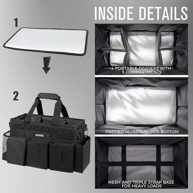 SCAVATA Wearable Cleaning Caddy Bag, Supplies Organizer with Handle & Shoulder Straps for Housekeepers, Under Sink & Car Cleaning Tool Organizer with 4 Foldable Dividers (Black)