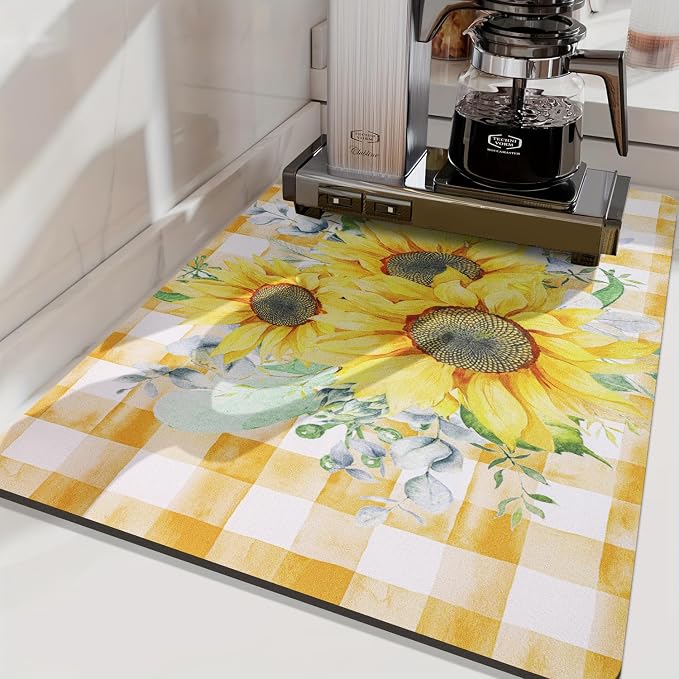 LOKHOM Dish Drying Mat for Kitchen Counter, 18"x24" Absorbent Coffee Bar Mat with Sunflowers, Vintage Floral Dish Drainer Rack Mat for Decoration