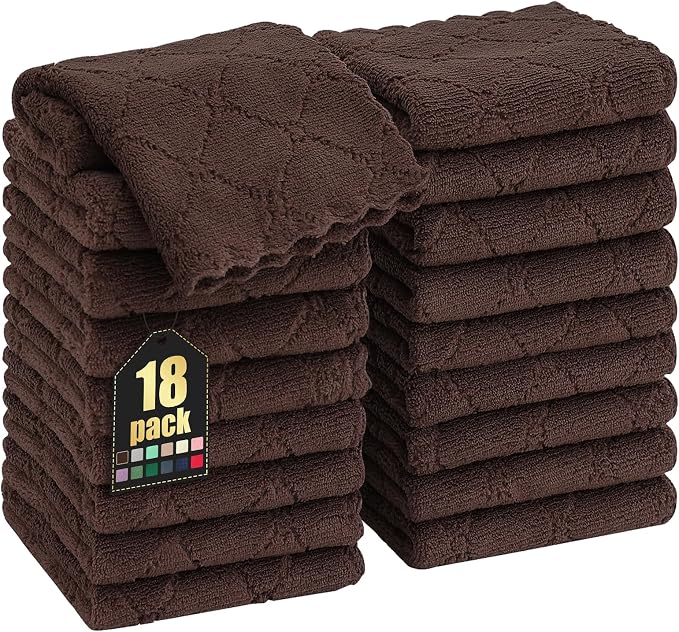 Homaxy 18 Pack Kitchen Dish Cloths (10 x 10 Inches, Brown), Super Soft and Absorbent Coral Velvet Dish Towels, Nonstick Oil Fast Drying Microfiber Cleaning Cloth, No Lint Household Dishcloths