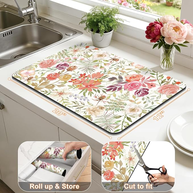 LOKHOM Dish Drying Mat for Kitchen Counter, 12"x20" Absorbent Coffee Bar Mat with Pink Roses Petals , Dish Drainer Rack Mats for Kitchen Counter Coffee Maker Coffee Pot Dining Room Decoration