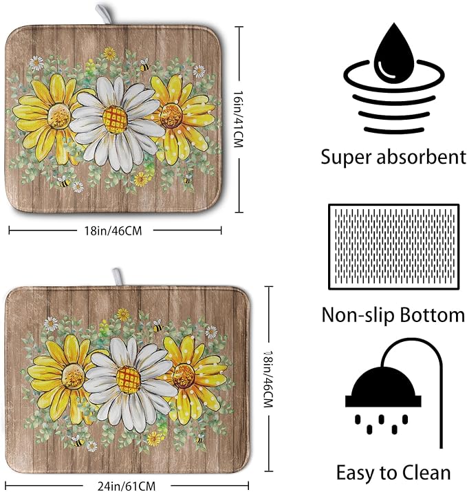 Rustic Daisy Floral Dish Drying Mat for Kitchen Counter Spring Summer Sunflower Dish Drying Mat Bee Absorbent Microfiber Dish Mat Reversible Dish Drainer Rack Mat Large 18x24 Inch