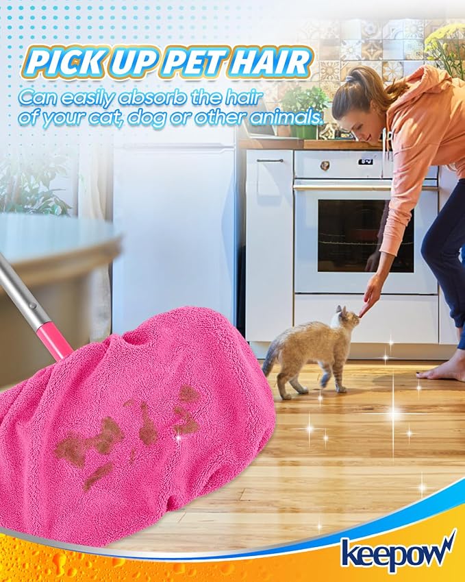 KEEPOW Reusable Mop Pads Compatible with Swiffer Sweeper, 4 Pack Pink | Washable Microfiber Replacement Mop Refills, Wet & Dry Dust Mopping Pads for Hardwood, Tile, Laminate & Vinyl Floors