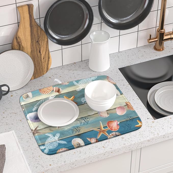 Giwawa Coastal Starfish Dish Drying Mat Summer Sea Turtle Drainer Rack Mat Absorbent Microfiber Kitchen Countertop Protector Dishes Pad 16x18 inch
