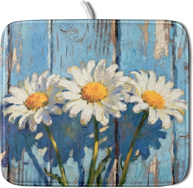 Daisy Dish Drying Mat Small for Kitchen Counter 16x18, Spring Summer Cute Flower Decorative Absorbent Reversible Microfiber Kitchen Countertop Protector Dishes Drainer Pad