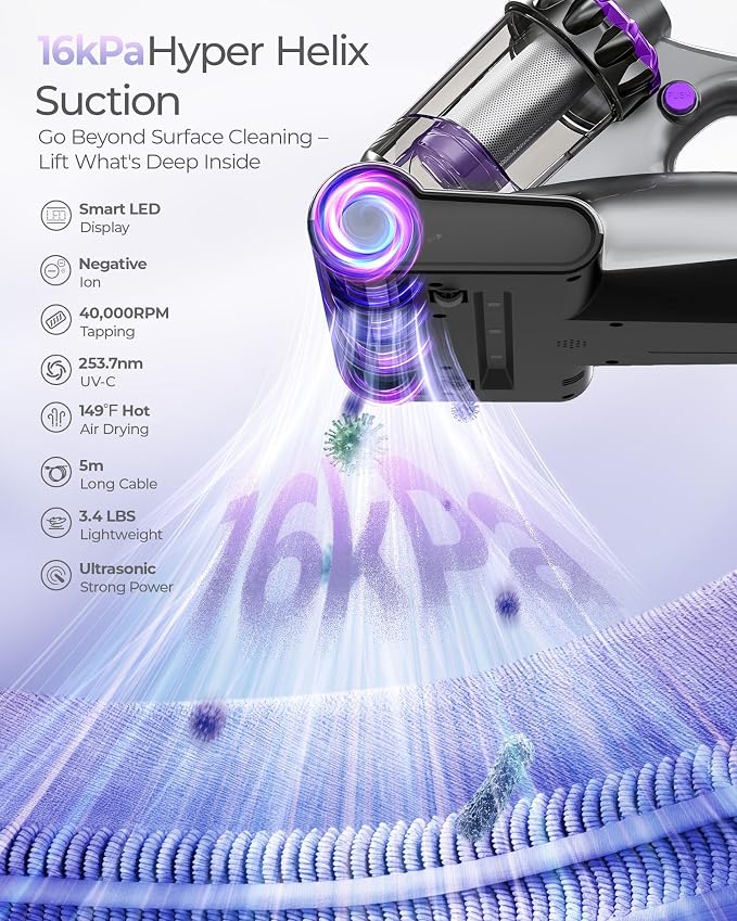 Mayking Pro Mattress Vacuum Cleaner with Dust Detection, Model MV03 | 16kPa Bed Vacuum with 253.7nm UV-C, 40000RPM Tapping, LED Display, 149℉ Heat, HEPA & Ion, Clean Gift for Family, Pets, Sofa