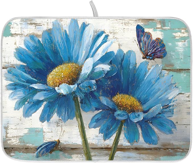 Rustic Daisy Blue on Vintage Wooden Dish Drying Mat for Kitchen Counter Absorbent Microfiber Small Drying Pad Dish Mats for Kitchen Countertops 16 x 18 Inch