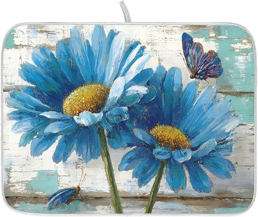 Rustic Daisy Blue on Vintage Wooden Dish Drying Mat for Kitchen Counter Absorbent Microfiber Small Drying Pad Dish Mats for Kitchen Countertops 16 x 18 Inch