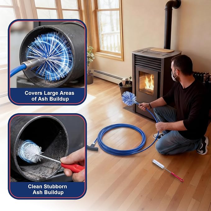 Dreyoo Pellet Stove Cleaning Brush Kit, 10 FT Flexible Steel Rod with 4" Brush Head, T Handle, Multi Purpose Flue Detail Cleaner, Nylon Stove Flue Pipe Kit for Pellet Furnace Exhaust Pipes