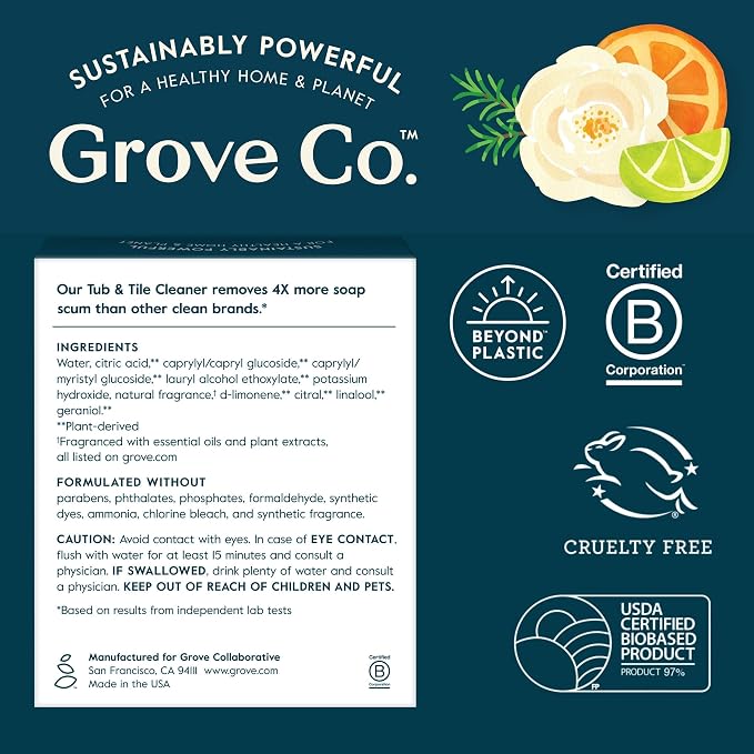 Grove Co. Tub and Tile Cleaner, 6 x 1 fl oz Refills, Lemon & Eucalyptus | Removes Soap Scum; No Plastic Waste; Plant-Based; Refill format; No Harsh Chemicals; All Natural Fragrance