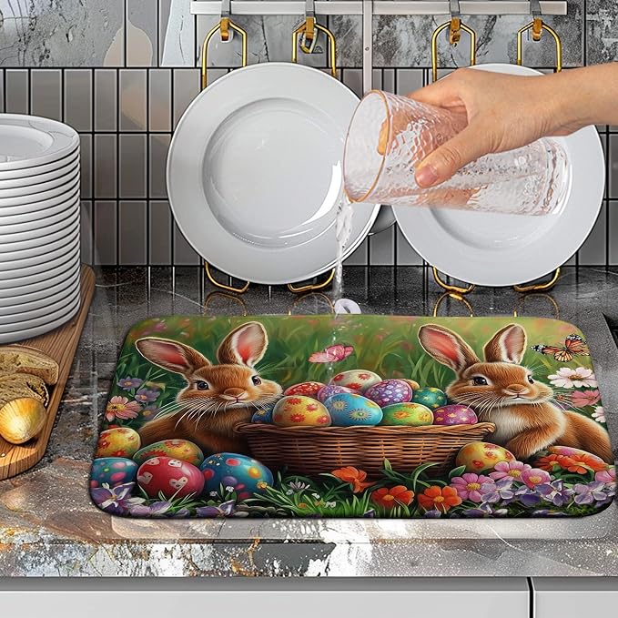 Easter Bunny Eggs Dish Drying Mat for Kitchen Counter 16x18 Inch Spring Easter Rabbit Flowers Drying Mat Microfiber Dish Drainer Rack Mats Absorbent Reversible Dishes Pad Dish Dryer Mat