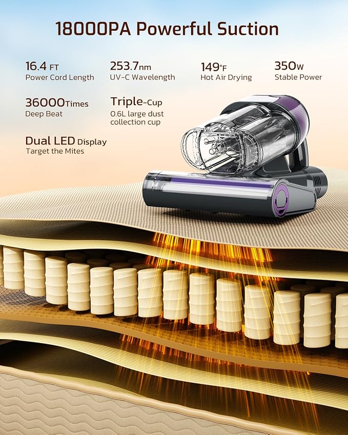 LED Display Mattress Vacuum Cleaner, 18Kpa Bed Vacuum Cleaner with 253.7nm UV-C Light, 149℉ Heat, Triple-Cup Versatile Handheld Vacuums for Bed Sofa Carpets Pet Hair