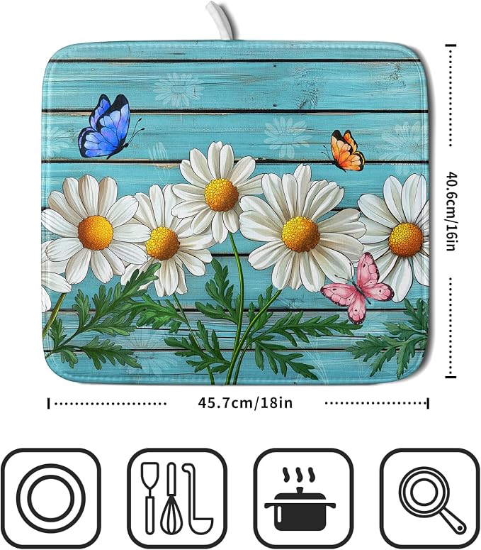 Daisy Dish Drying Mat for Kitchen Counter 16x18in Turquoise Daisy Old Wooden Board Kitchen Mat Absorbent Reversible Microfiber Dishes Pad Fast Drying Dish Drainer Mats for Countertop