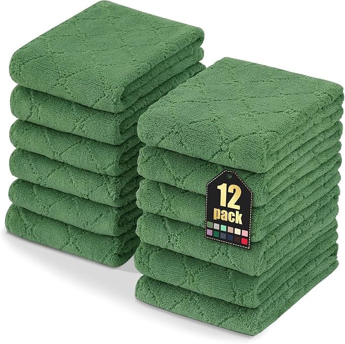 Homaxy 12 Pack Dish Towels for Kitchen (10 x 20 Inches, Grass Green), Super Soft and Absorbent Coral Velvet Dish Cloths for Washing Dishes, Nonstick Oil Fast Drying Microfiber Cleaning Cloth